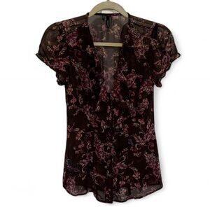 Maurices Brown Floral Ruffle Semi Sheer Short Sleeve Top
